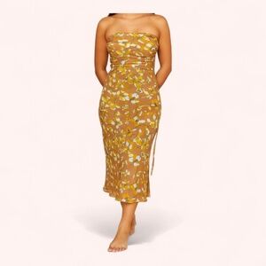 Gold Hawk Orange Tan Floral Silk Strapless Elegant Midi Dress NWOT Sample Size S